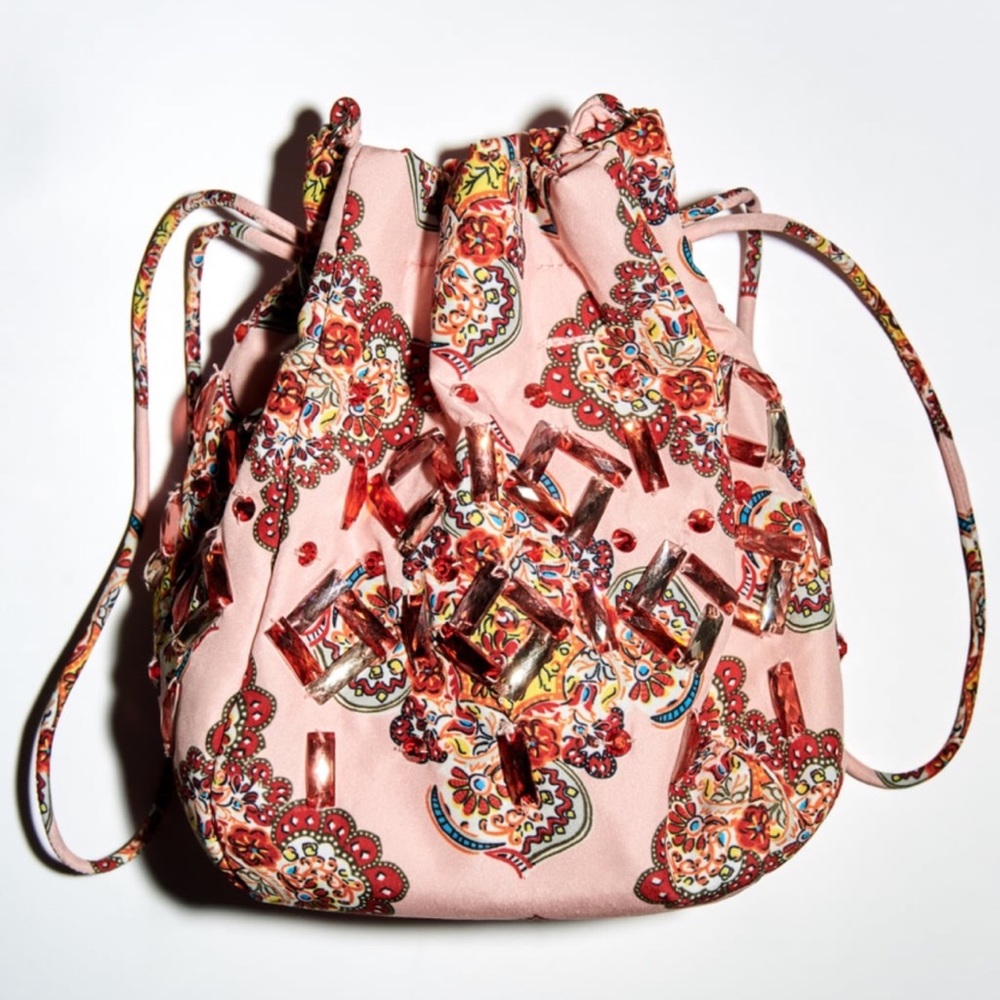 Zara Printed Beaded Bucket Bag